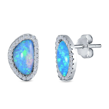 Halo Stud Earrings Lab Created Blue Opal Simulated CZ 925 Sterlig Silver(12mm)